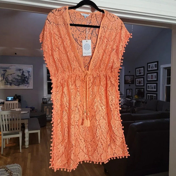 Blue Island Women's Orange Lace Swim bathingsuit Cover-up Kimono Tunic S… - Picture 4 of 10